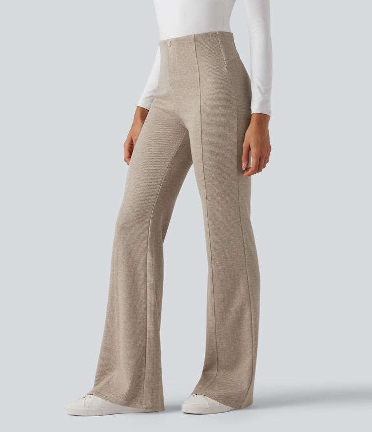 pantalon évasé décontracté à taille haute côtelée et effet ventre plat