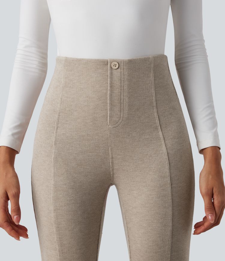 pantalon évasé décontracté à taille haute côtelée et effet ventre plat