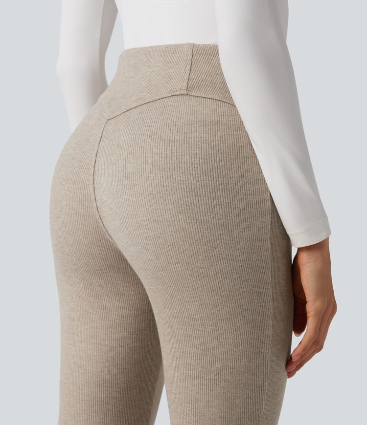 pantalon évasé décontracté à taille haute côtelée et effet ventre plat
