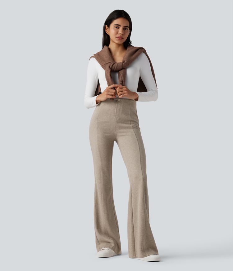 pantalon évasé décontracté à taille haute côtelée et effet ventre plat