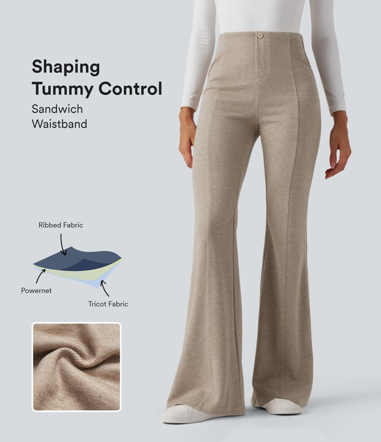 pantalon évasé décontracté à taille haute côtelée et effet ventre plat