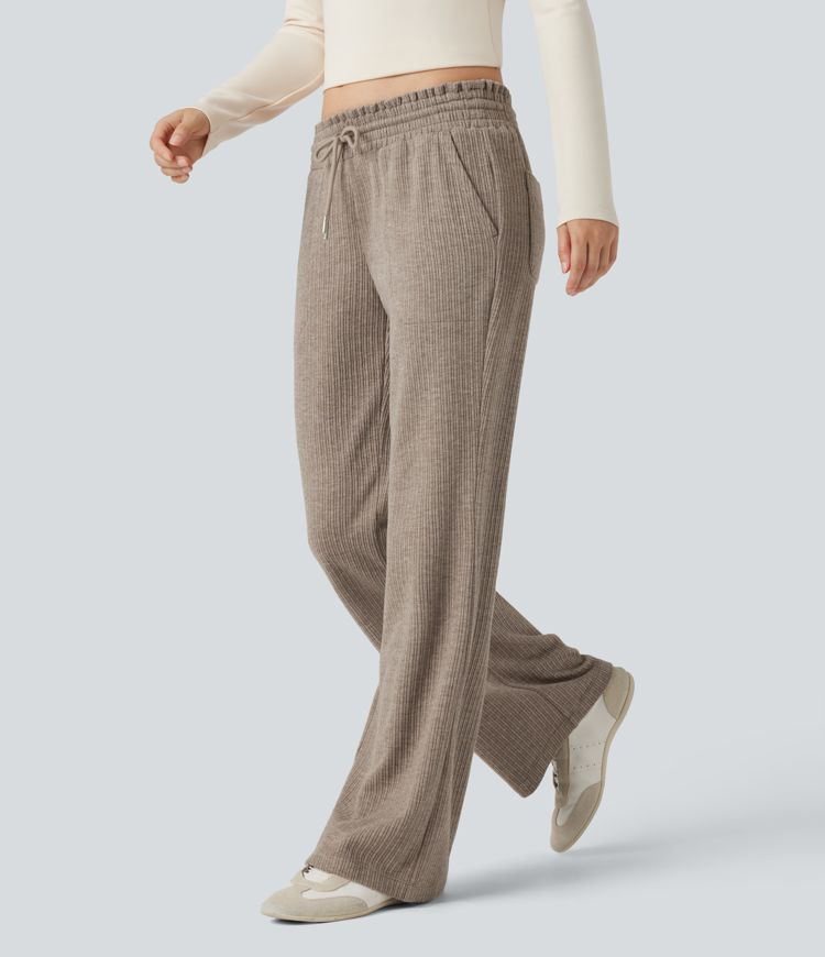 pantalon décontracté à taille basse en maille côtelée avec cordon de serrage et poches