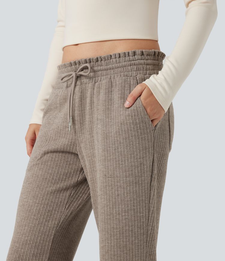 pantalon décontracté à taille basse en maille côtelée avec cordon de serrage et poches