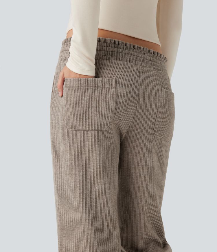 pantalon décontracté à taille basse en maille côtelée avec cordon de serrage et poches