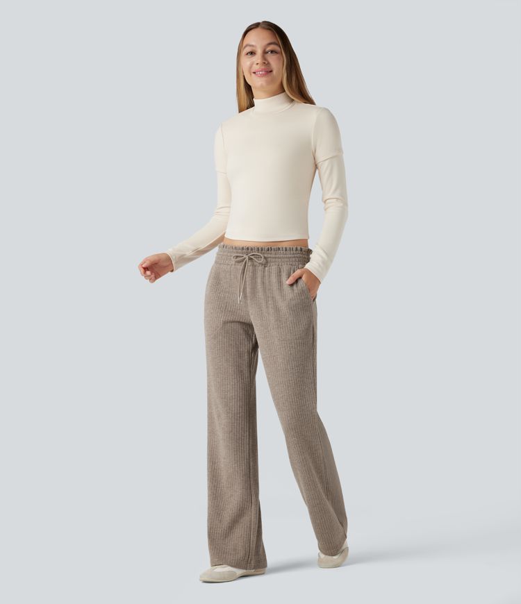 pantalon décontracté à taille basse en maille côtelée avec cordon de serrage et poches
