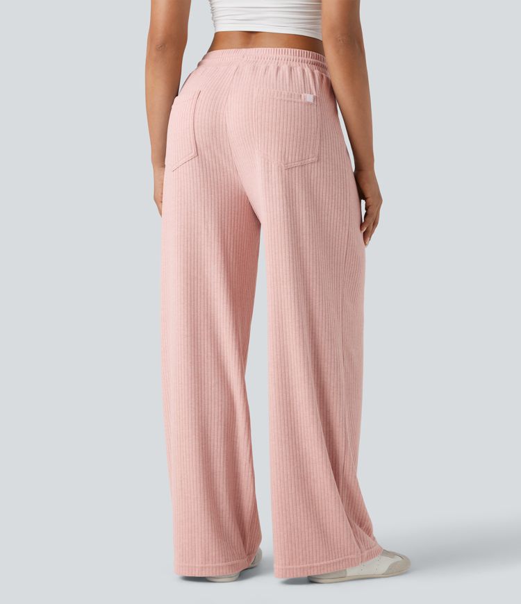 pantalon décontracté à taille haute en maille côtelée coupe droite cordon de serrage et poches