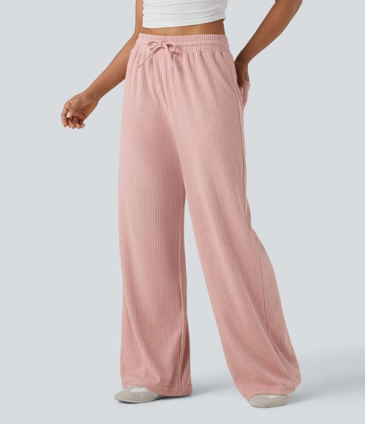 pantalon décontracté à taille haute en maille côtelée coupe droite cordon de serrage et poches