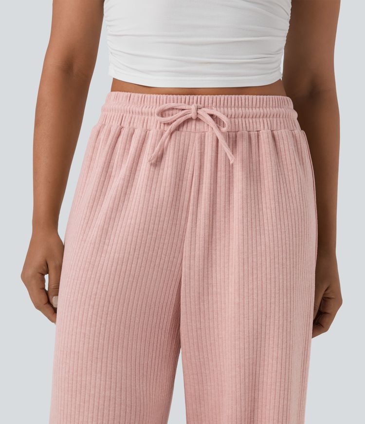 pantalon décontracté à taille haute en maille côtelée coupe droite cordon de serrage et poches
