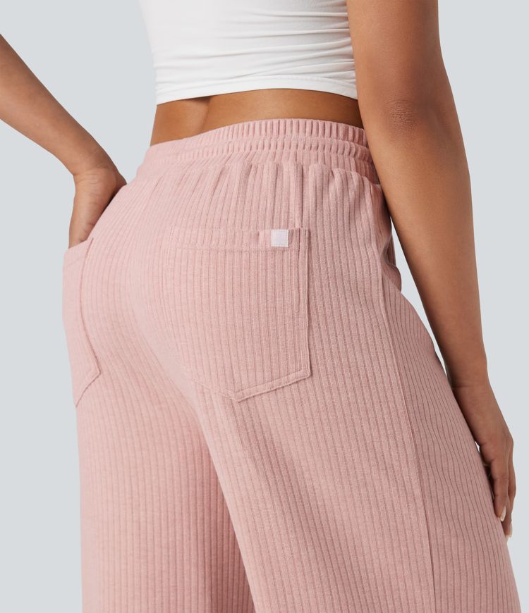 pantalon décontracté à taille haute en maille côtelée coupe droite cordon de serrage et poches