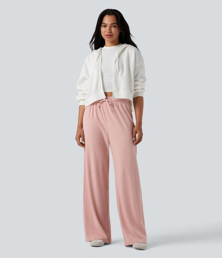 pantalon décontracté à taille haute en maille côtelée coupe droite cordon de serrage et poches
