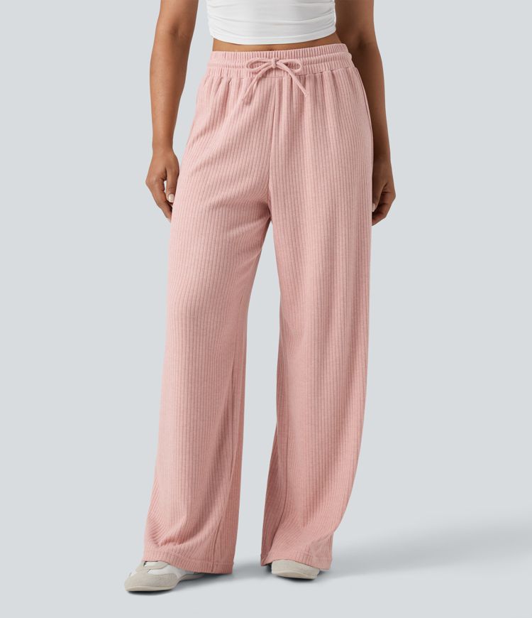 pantalon décontracté à taille haute en maille côtelée coupe droite cordon de serrage et poches