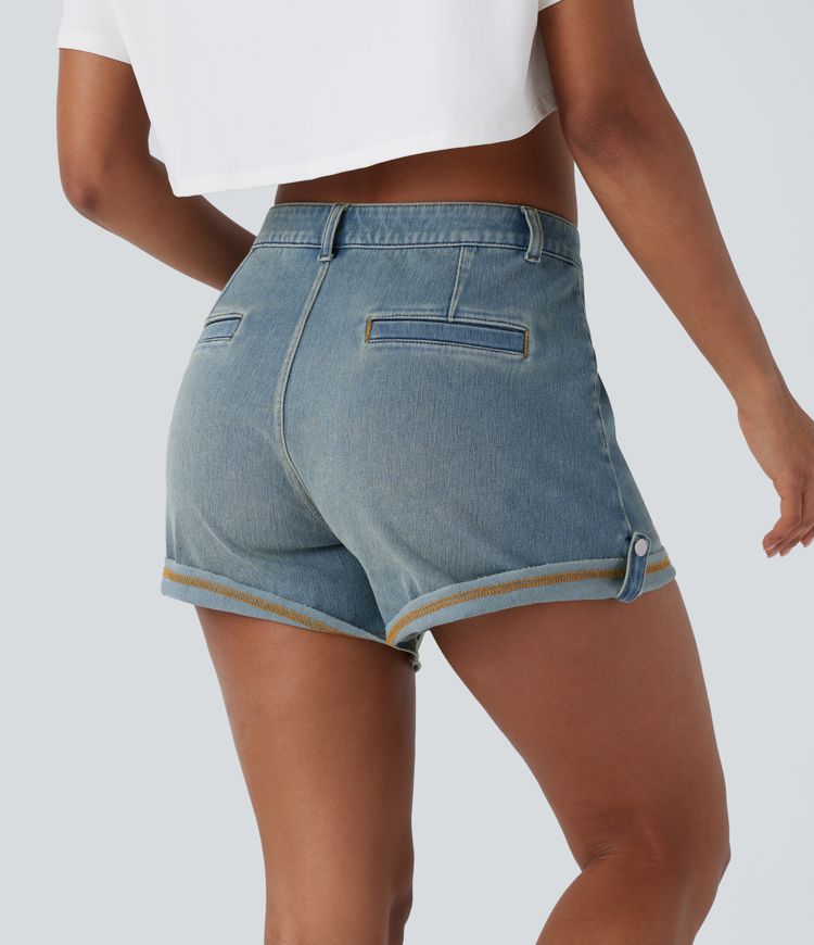 short décontracté en denim délavé halara flex à taille mi-haute et ourlet roulé poches