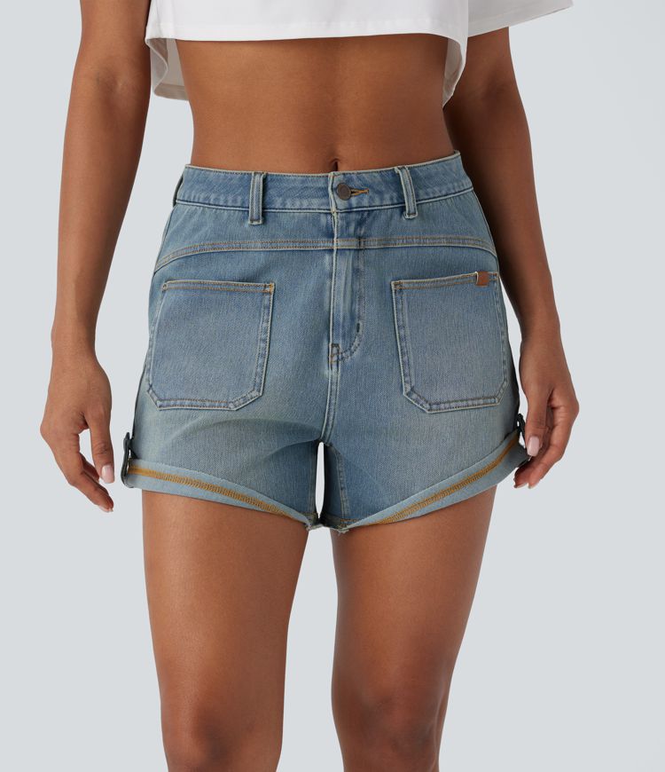 short décontracté en denim délavé halara flex à taille mi-haute et ourlet roulé poches
