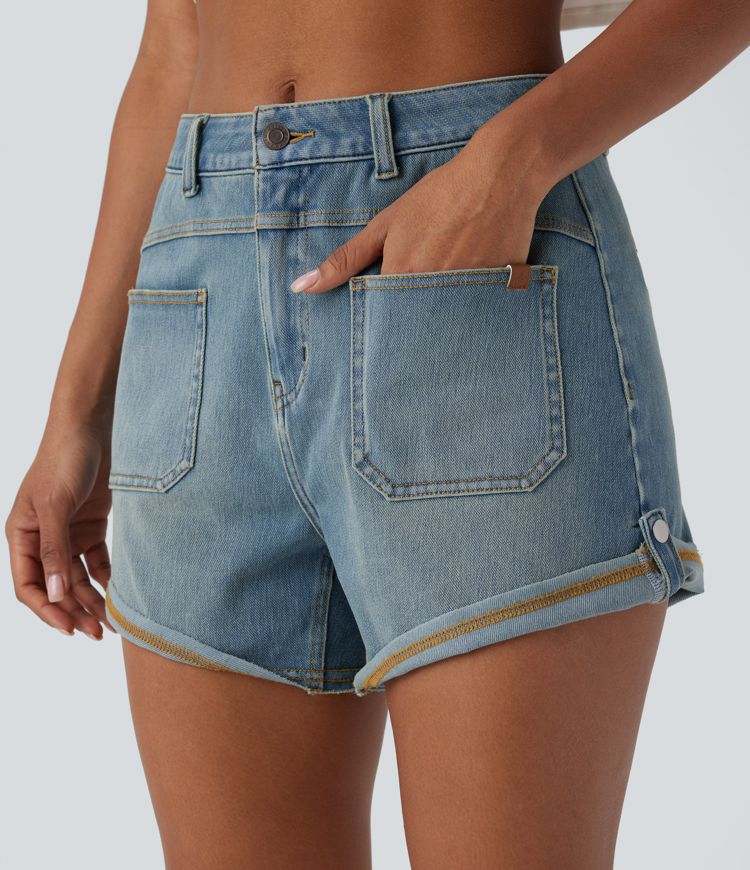 short décontracté en denim délavé halara flex à taille mi-haute et ourlet roulé poches