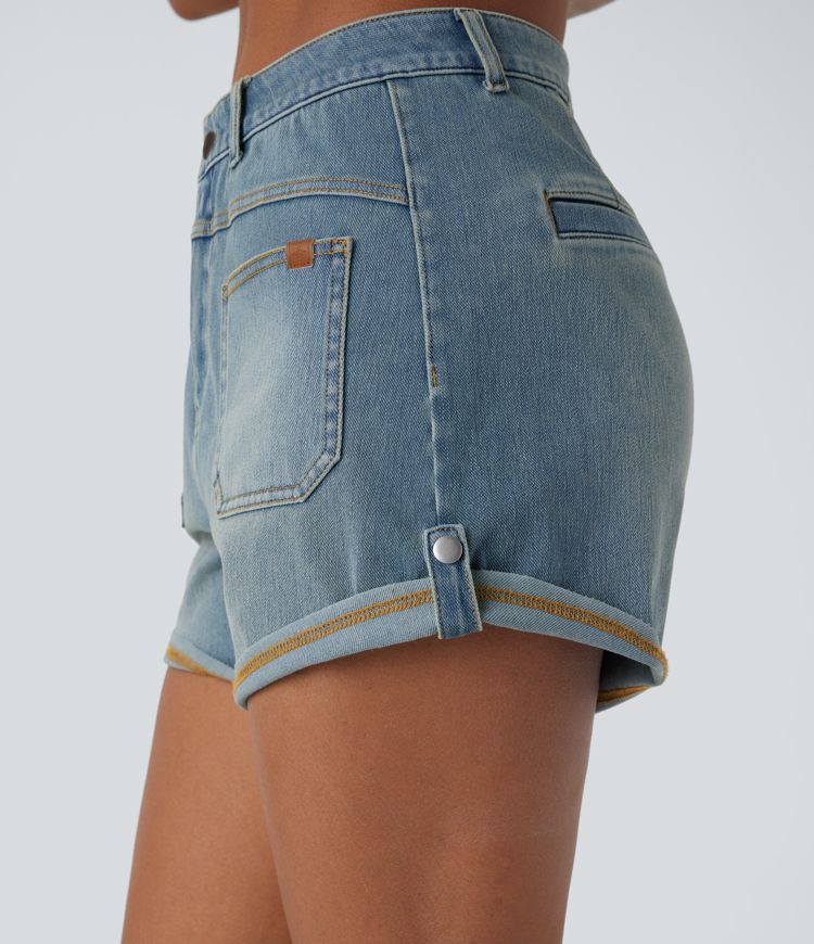 short décontracté en denim délavé halara flex à taille mi-haute et ourlet roulé poches