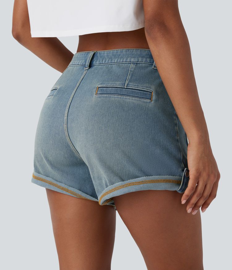 short décontracté en denim délavé halara flex à taille mi-haute et ourlet roulé poches