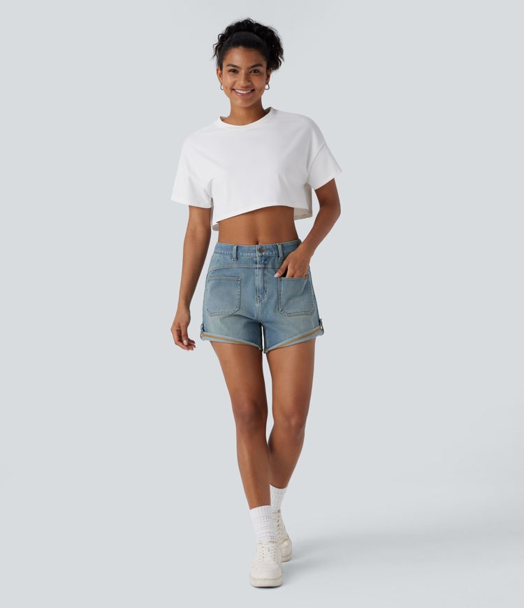short décontracté en denim délavé halara flex à taille mi-haute et ourlet roulé poches