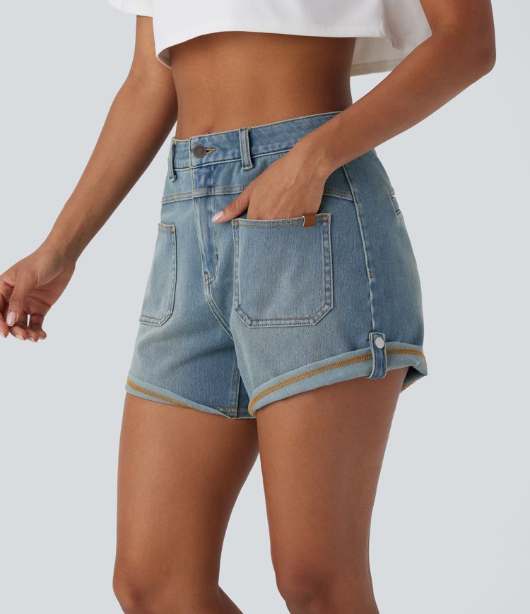 short décontracté en denim délavé halara flex à taille mi-haute et ourlet roulé poches