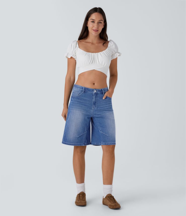 halara flex short bermuda décontracté en denim délavé taille basse avec poches