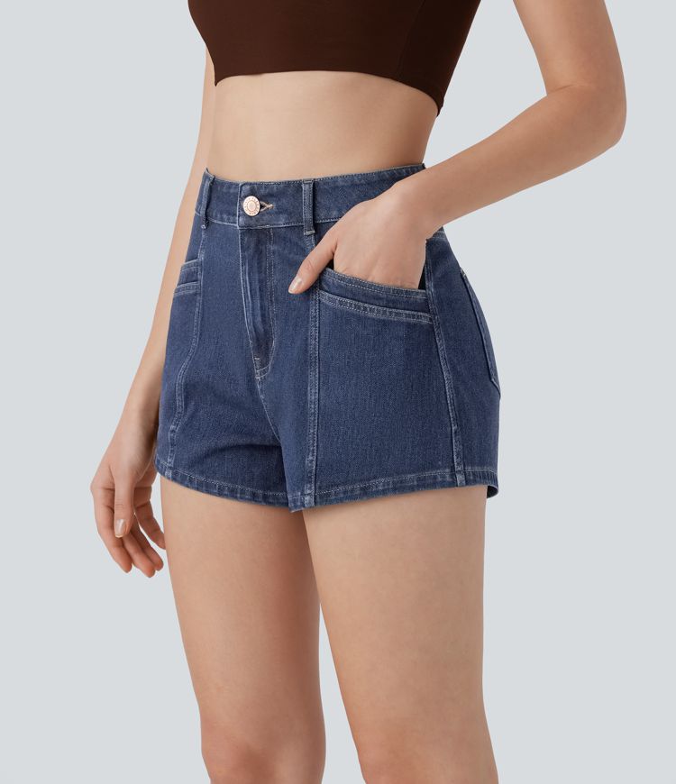 short en denim décontracté halara flex taille haute avec poches zippées 25