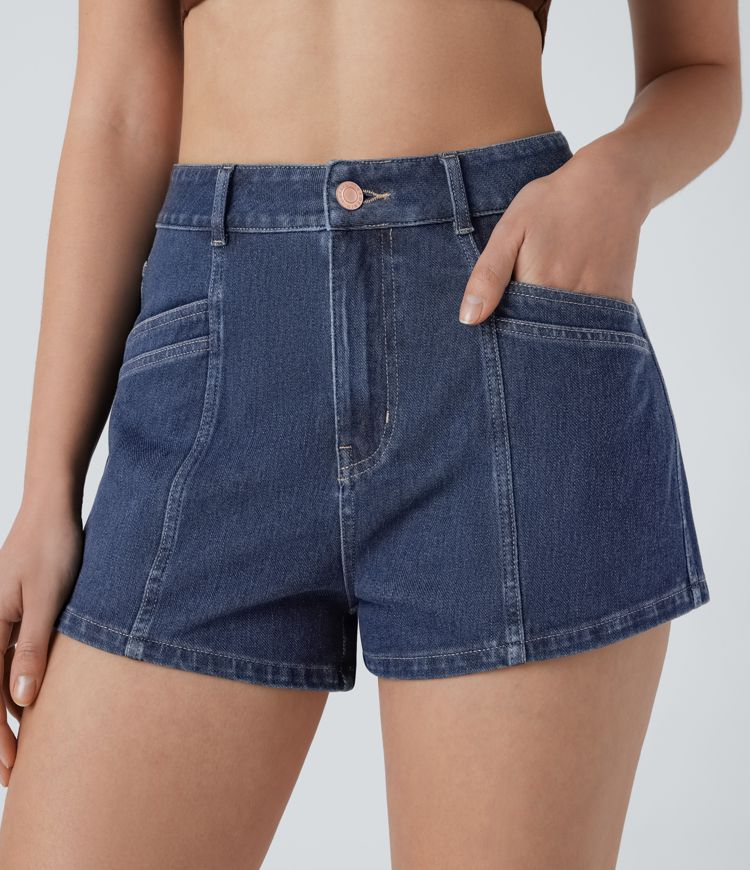 short en denim décontracté halara flex taille haute avec poches zippées 25