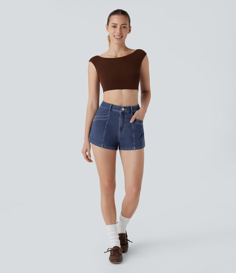 short en denim décontracté halara flex taille haute avec poches zippées 25