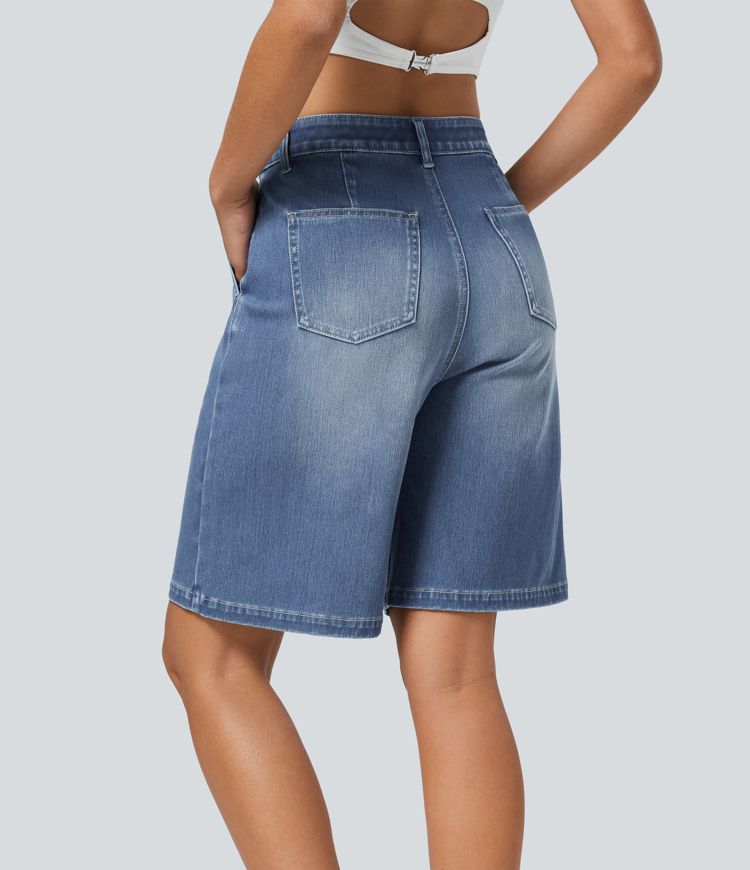 short décontracté en denim délavé halara flex taille haute avec poches zippées