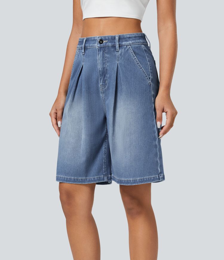short décontracté en denim délavé halara flex taille haute avec poches zippées