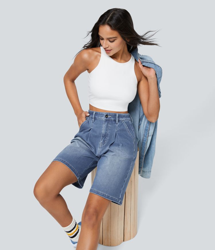 short décontracté en denim délavé halara flex taille haute avec poches zippées