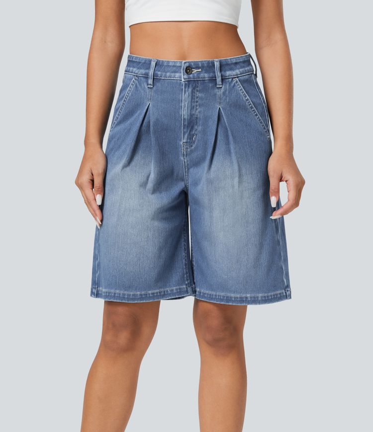 short décontracté en denim délavé halara flex taille haute avec poches zippées