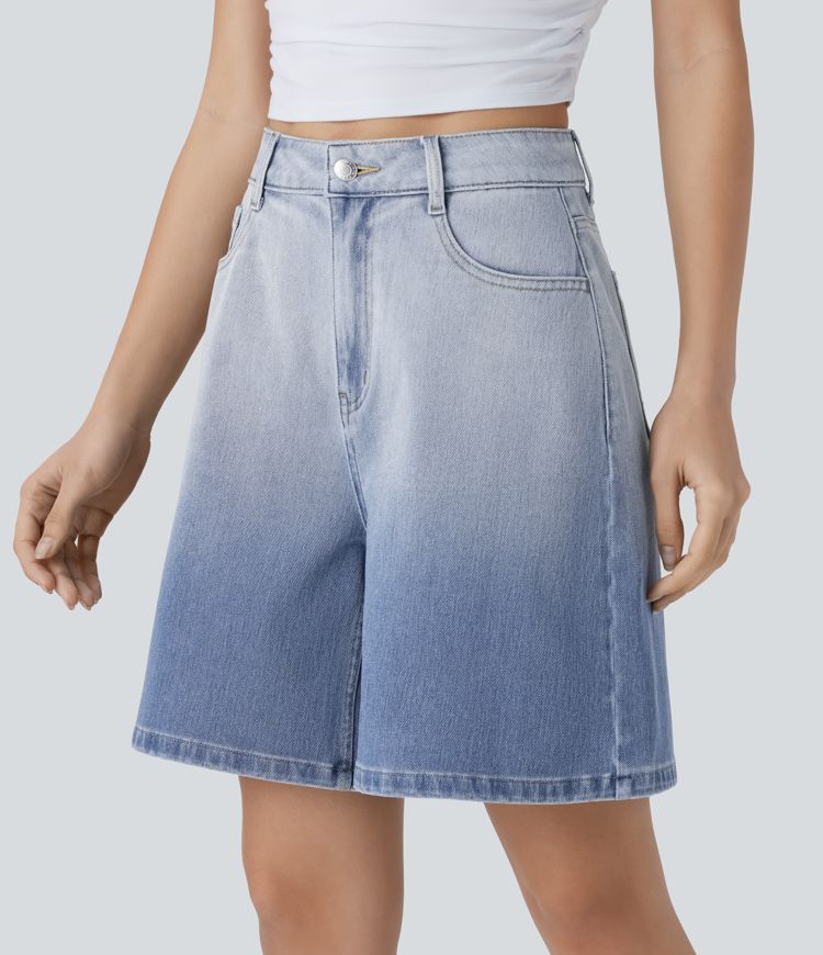 halara flex short bermuda décontracté en denim dégradé taille haute poches zippées 7