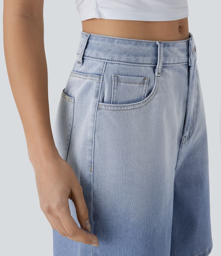 halara flex short bermuda décontracté en denim dégradé taille haute poches zippées 7