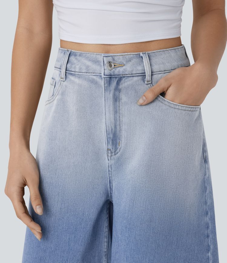 halara flex short bermuda décontracté en denim dégradé taille haute poches zippées 7
