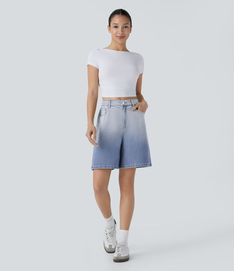 halara flex short bermuda décontracté en denim dégradé taille haute poches zippées 7