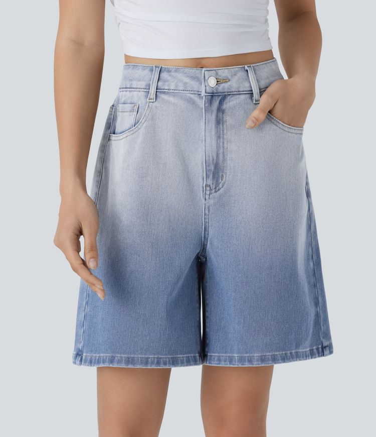 halara flex short bermuda décontracté en denim dégradé taille haute poches zippées 7