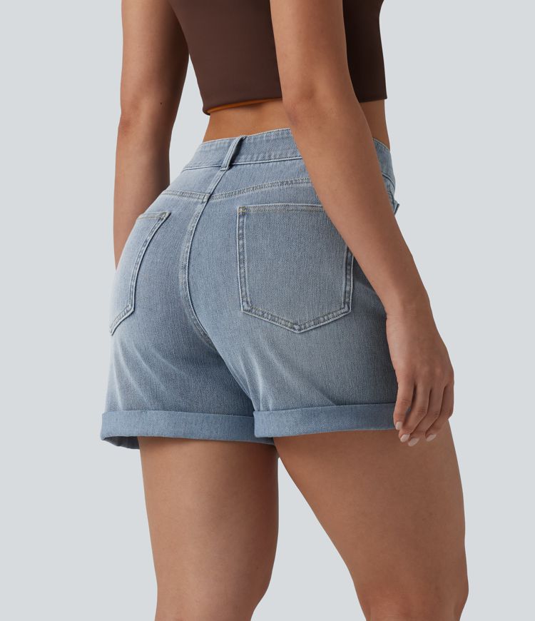 short décontracté en denim délavé taille haute asymétrique ourlet roulé et poches halara flex