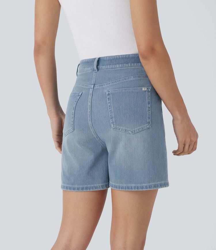 short décontracté en denim délavé halara flex à taille mi-haute et cordon de serrage poches