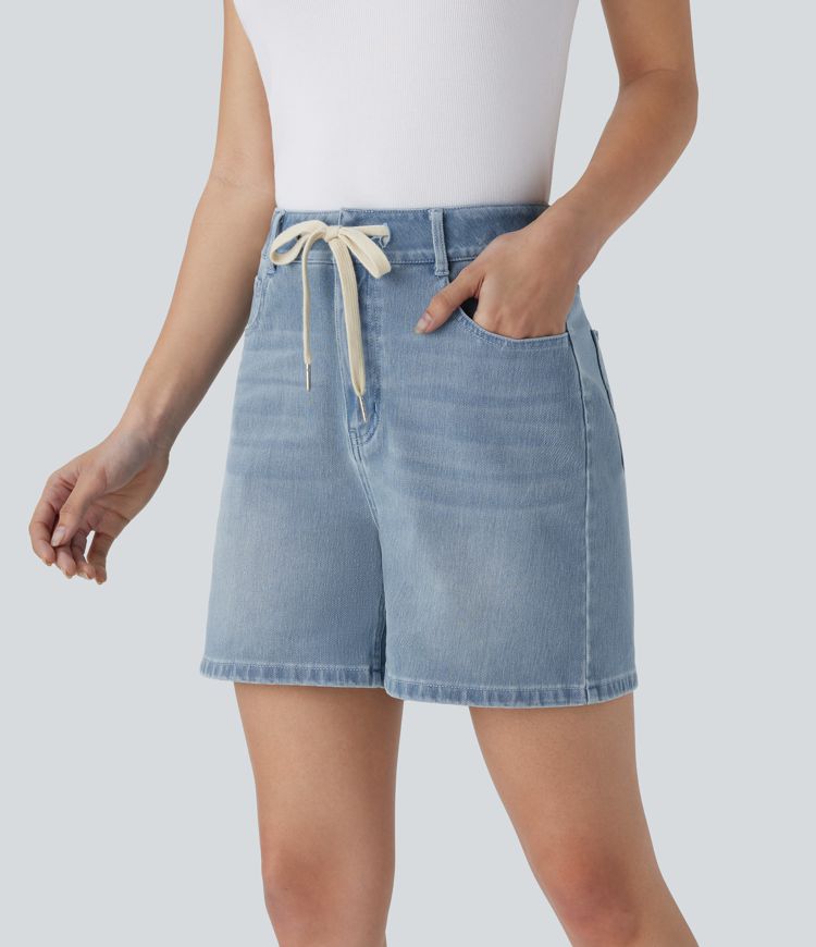 short décontracté en denim délavé halara flex à taille mi-haute et cordon de serrage poches