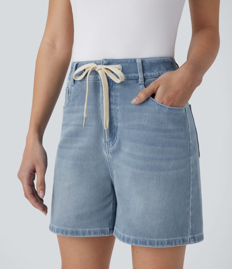 short décontracté en denim délavé halara flex à taille mi-haute et cordon de serrage poches