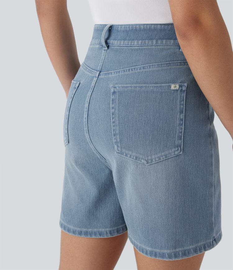 short décontracté en denim délavé halara flex à taille mi-haute et cordon de serrage poches