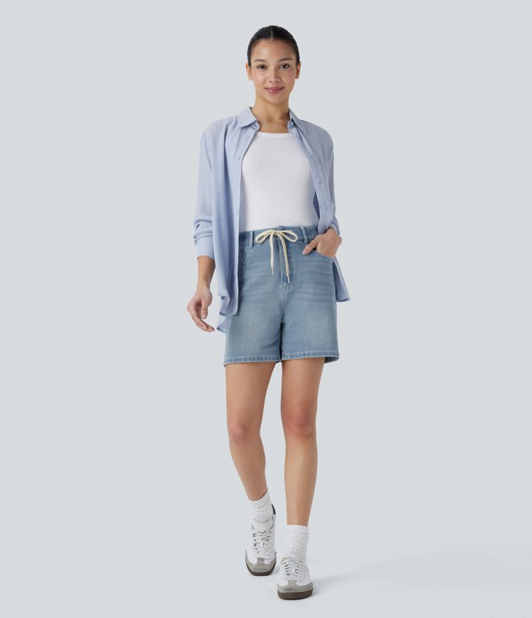 short décontracté en denim délavé halara flex à taille mi-haute et cordon de serrage poches