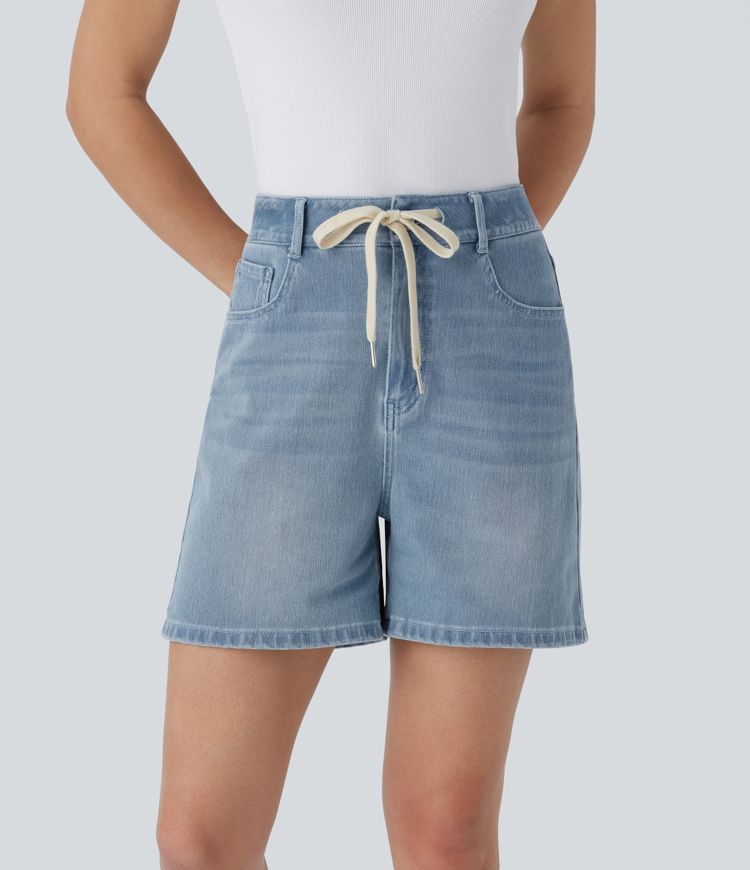 short décontracté en denim délavé halara flex à taille mi-haute et cordon de serrage poches