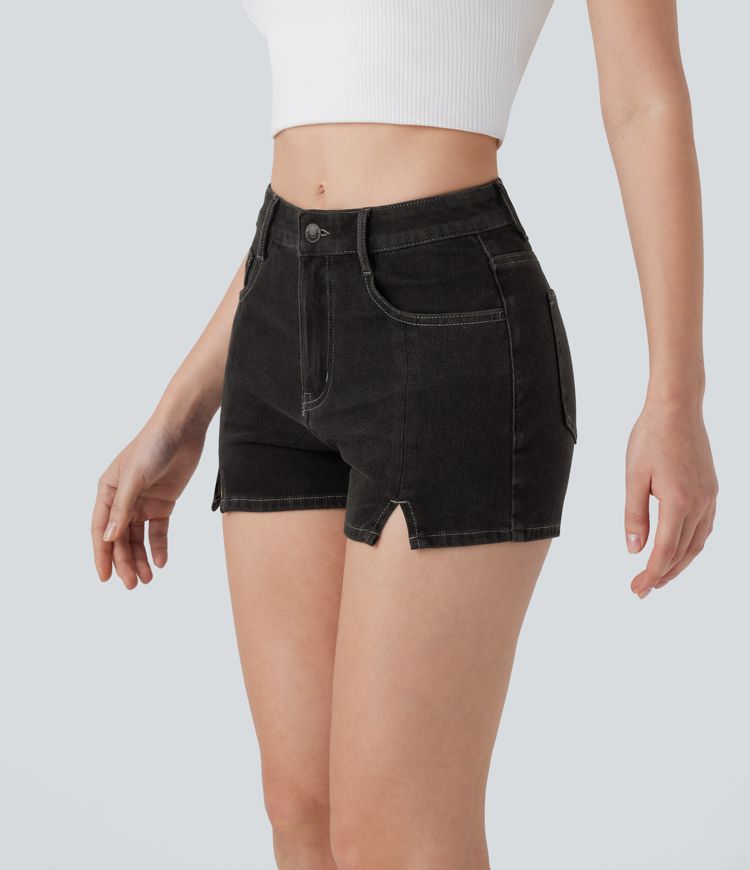 short décontracté en denim délavé halara flex à taille mi-haute et poches