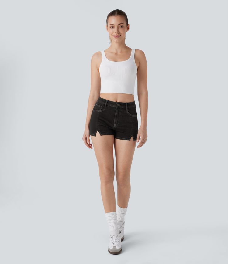short décontracté en denim délavé halara flex à taille mi-haute et poches