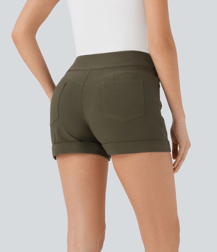 short skinny décontracté taille haute à ourlet roulé et poches