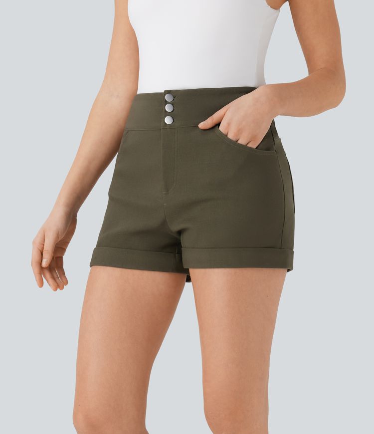 short skinny décontracté taille haute à ourlet roulé et poches