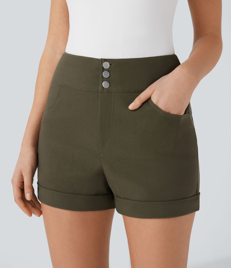 short skinny décontracté taille haute à ourlet roulé et poches