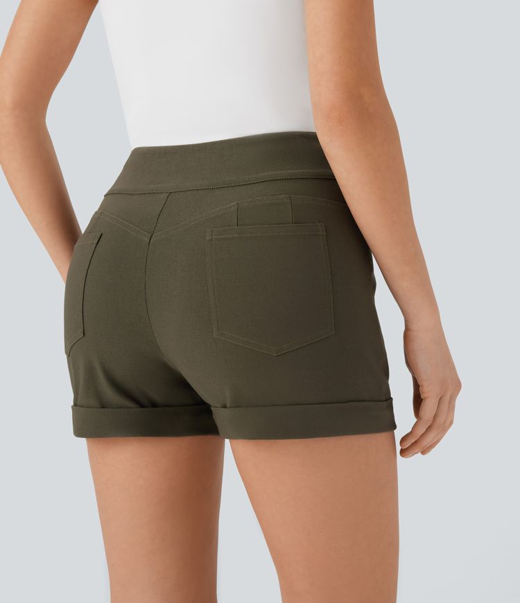 short skinny décontracté taille haute à ourlet roulé et poches
