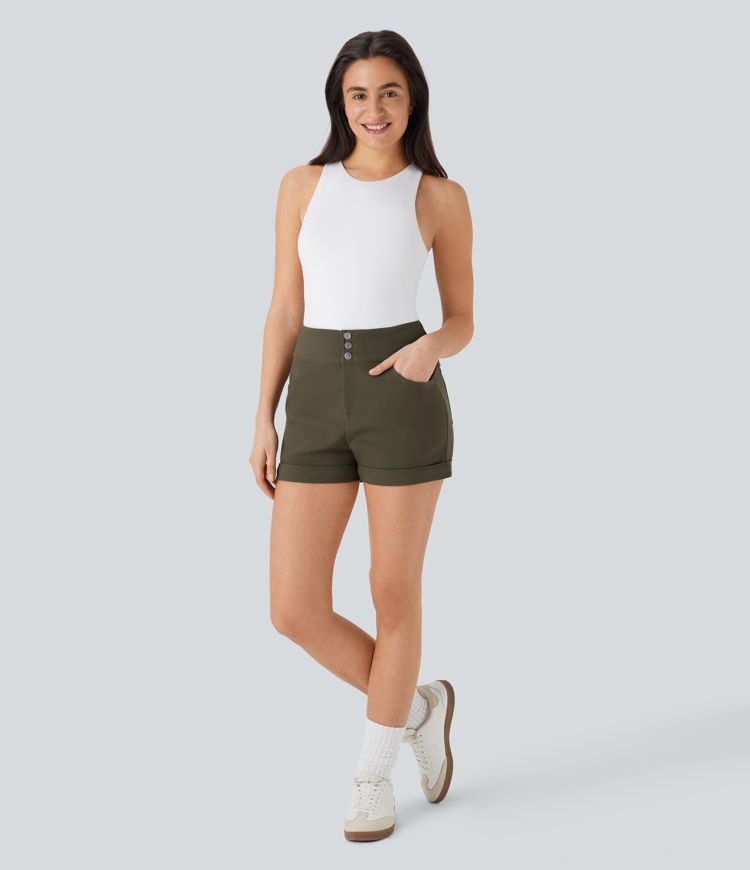 short skinny décontracté taille haute à ourlet roulé et poches