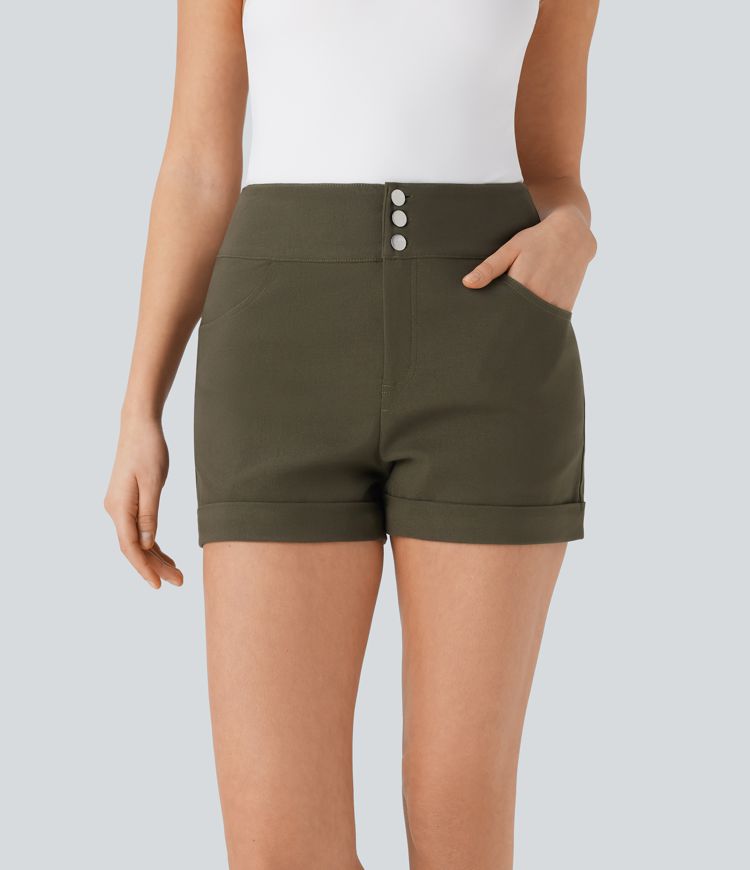 short skinny décontracté taille haute à ourlet roulé et poches